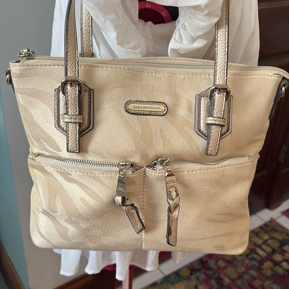 Dana Buchman  shoulder bag  two tone canvas/ Cream  metallic trim silvertone HW￼ - Picture 1 of 15